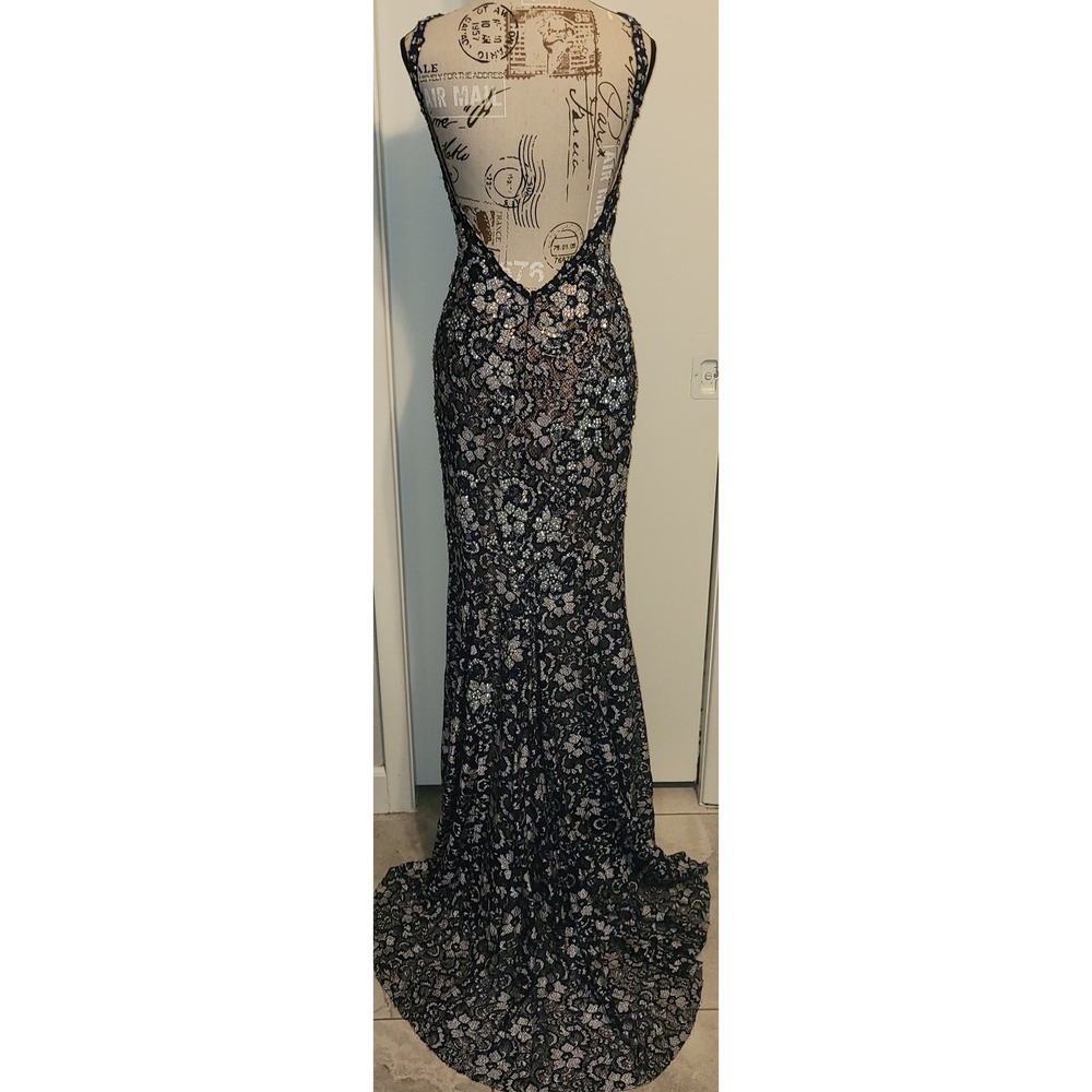 Jovani Navy Blue Lace Open Back Mermaid Prom Gown Silver Rhinestones Fitted sz 4 - Picture 5 of 16